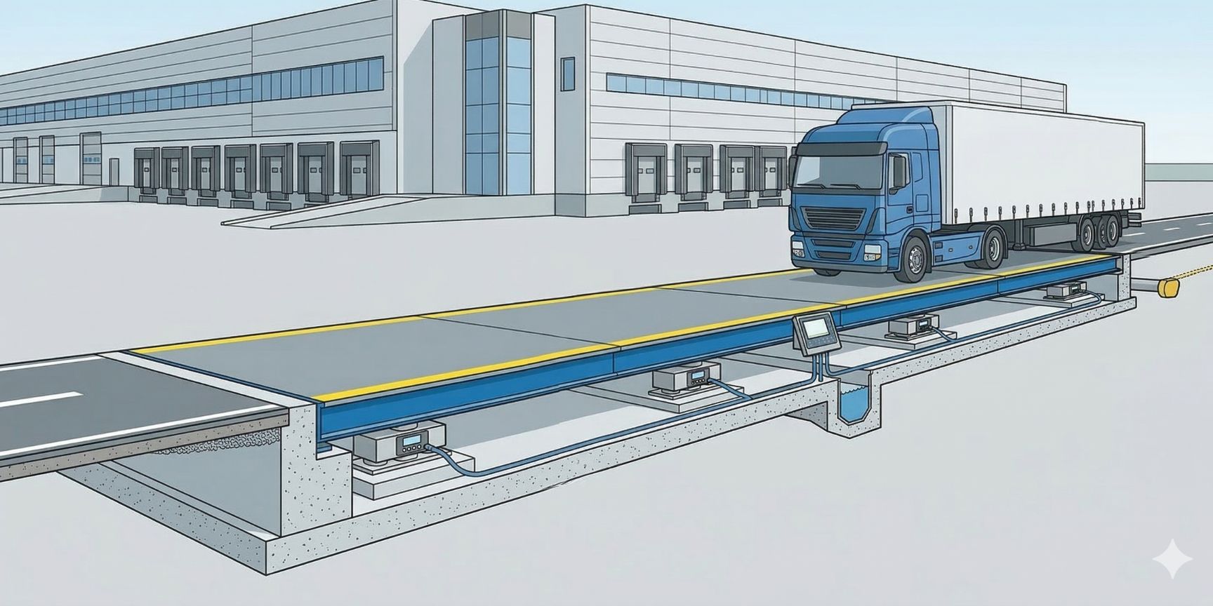 Technical illustration of a flush-mounted truck underfloor scale in a logistics center. Section shows platform, digital load cells in the foundation, truck and data link.